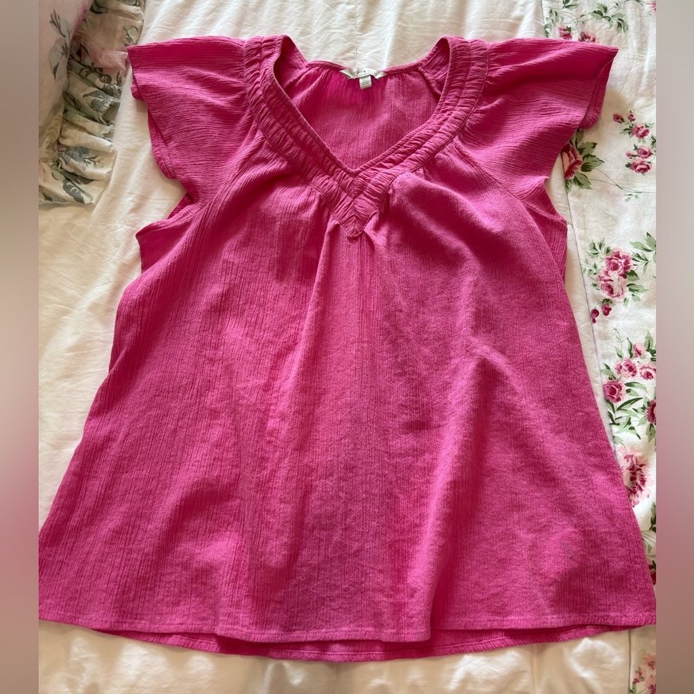 LUCKY BRAND Size Medium Pink Cotton Gauze Flutter Sleeve V-Neck Blouse Top Sz M - Picture 3 of 9